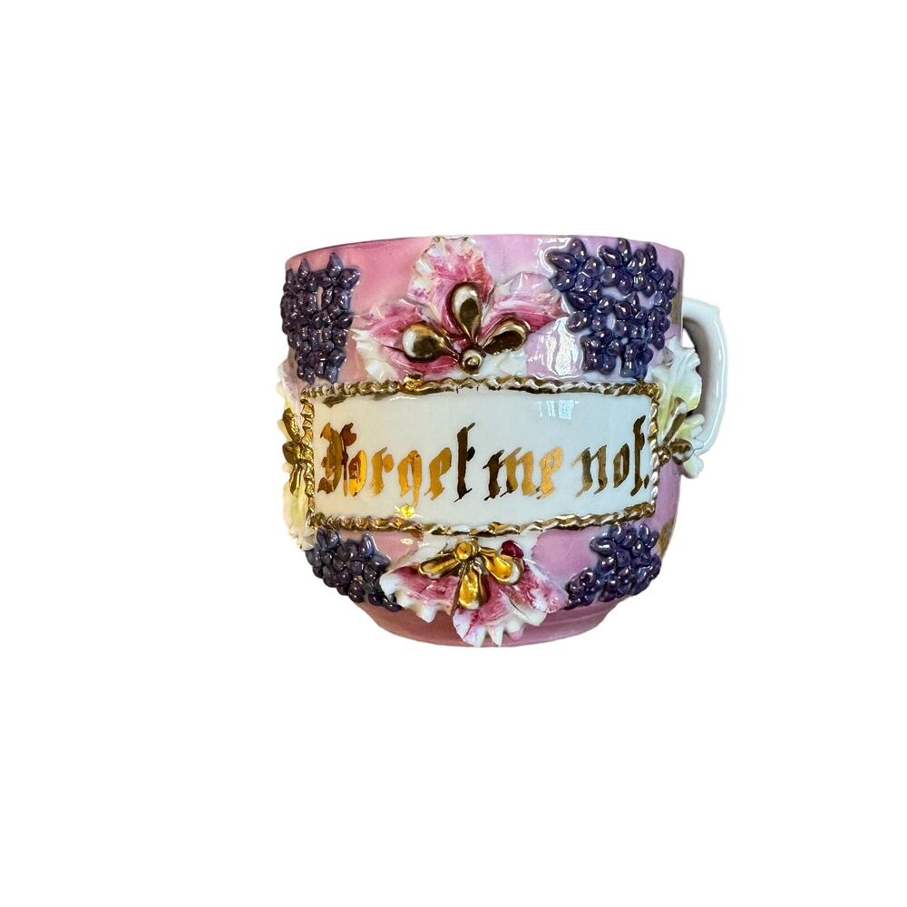 Antique German Victorian Era Forget Me Not Coffee Tea Cup Purple Gold Lustreware